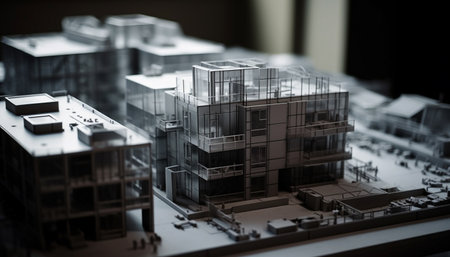 Modern skyscraper construction industry using futuristic technology for building development generated by artificial intelligenceの素材