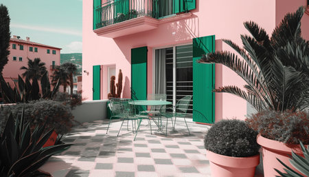 Modern luxury apartment with elegant decor and tropical foliage indoors generated by artificial intelligenceの素材