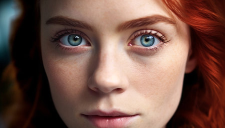 Cute Caucasian woman looking at camera with joyful confidence indoors generated by artificial intelligenceの素材