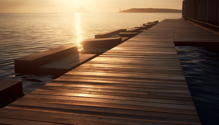 Tranquil sunset on wooden jetty, reflecting beauty in nature seascape generated by artificial intelligenceの素材
