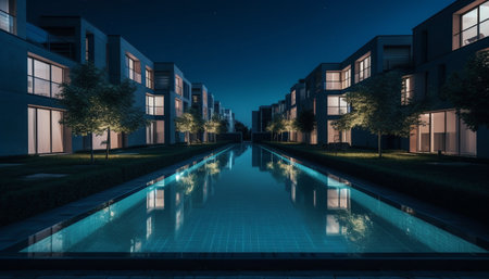 Modern architecture illuminates city skyline at dusk with vanishing point generated by artificial intelligenceの素材