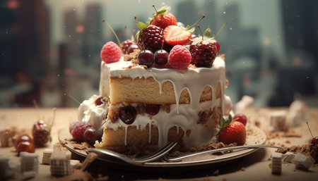 Indulgent homemade berry cheesecake with fresh fruit and whipped cream generated by artificial intelligenceの素材