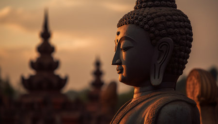 Praying at ancient pagoda, a sculpture of spirituality and history generated by artificial intelligenceの素材