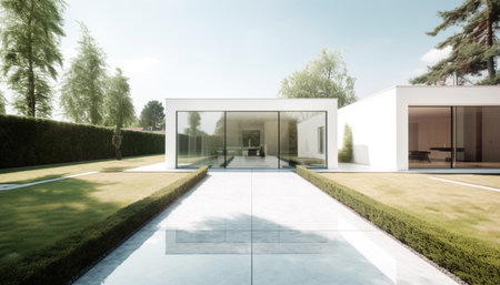 Modern architecture blends luxury and nature in elegant housing development generated by artificial intelligenceの素材