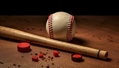 Playing baseball with old equipment, hitting ball with wooden bat generated by artificial intelligenceの素材