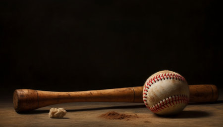 Rustic baseball equipment old fashioned leather sports bat and dirty glove generated by artificial intelligenceの素材