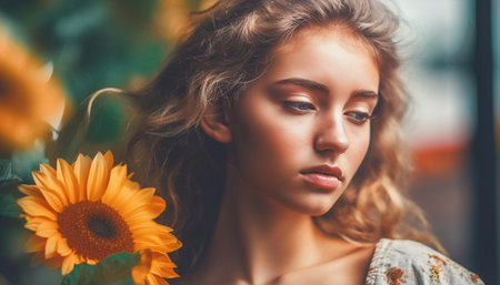 Beautiful young woman with brown hair looking at camera outdoors generated by artificial intelligenceの素材