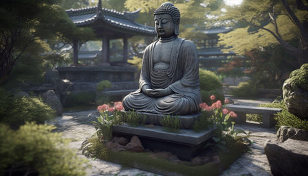 Sitting statue of Buddha in tranquil East Asian garden scenery generated by artificial intelligenceの素材