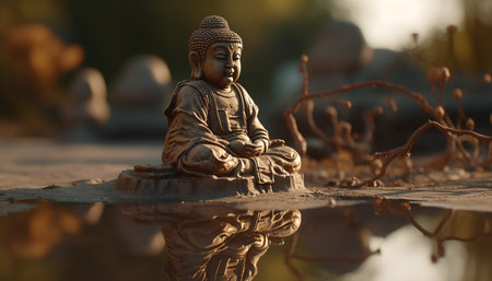 Meditating statue reflects ancient spirituality in tranquil nature scene generated by artificial intelligenceの素材