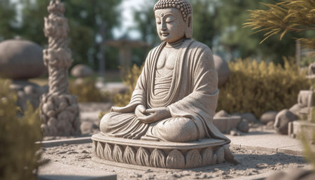 Sitting statue meditating in lotus position, symbolizing spirituality and harmony generated by artificial intelligenceの素材