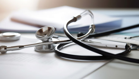 Medical equipment on desk, selective focus on stethoscope and paper generated by artificial intelligenceの素材