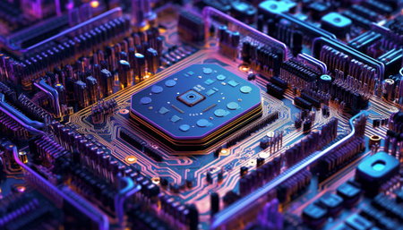 Complex computer circuit board with selective focus on electrical components generated by artificial intelligenceの素材