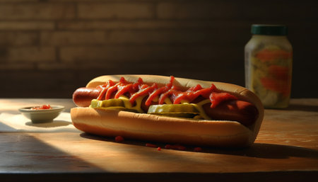 Grilled hot dog meal with ketchup, pork, and beef on bun generated by artificial intelligenceの素材