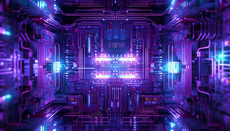 Futuristic computer network glows with digitally generated circuit board patterns generated by artificial intelligenceの素材