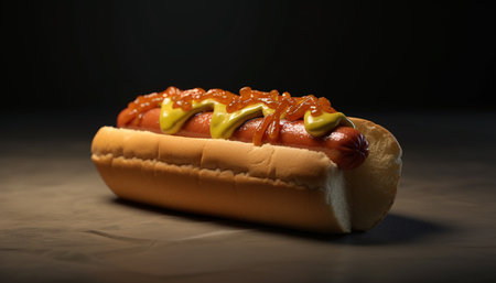 Grilled beef sandwich with hot dog, pork, and tomato refreshment generated by artificial intelligenceの素材