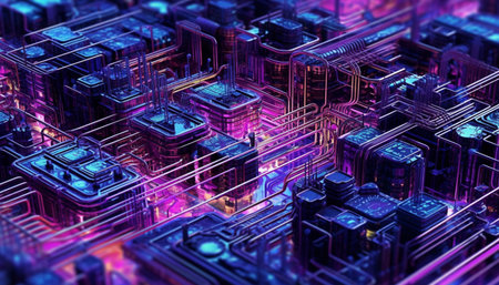 Futuristic computer equipment generates complex digital patterns for global communication generated by artificial intelligenceの素材
