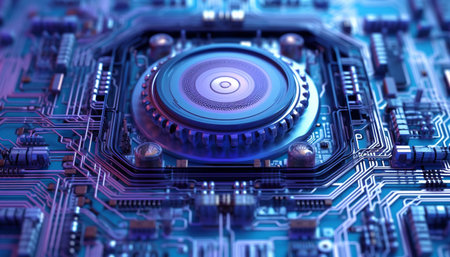 Complexity of modern computer equipment inside desktop PC circuit board generated by artificial intelligenceの素材