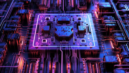 Futuristic computer chip complexity fuels global communications industry with electricity generated by artificial intelligenceの素材