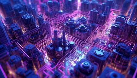 Futuristic skyscraper illuminated by glowing circuit board patterns and computer chips generated by artificial intelligenceの素材