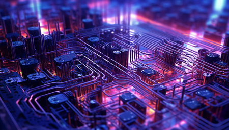Complex circuit board glows with futuristic computer chip technology generated by artificial intelligenceの素材