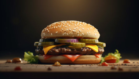 Melting cheddar on grilled beef, a gourmet burger meal ready generated by artificial intelligenceの素材