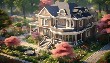 Modern residential building with cute cottage, surrounded by nature beauty generated by artificial intelligenceの素材