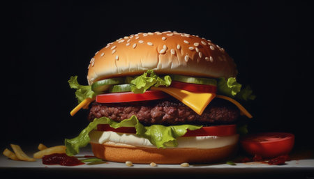 Grilled beef burger with cheese, tomato, onion on sesame bun generated by artificial intelligenceの素材