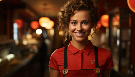 Smiling adult woman, young and cheerful, confident barista serving coffee generated by artificial intelligenceの素材
