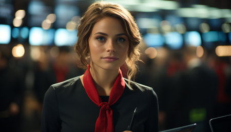 Confident businesswoman in suit, looking at camera, smiling, indoors generated by artificial intelligenceの素材