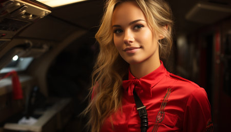 Smiling blond woman, confident and elegant, looking at camera indoors generated by artificial intelligenceの素材