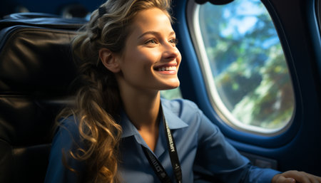 A young woman sitting inside, looking out the window, smiling generated by artificial intelligenceの素材