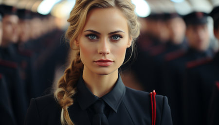 Beautiful young woman with blond hair and confident elegance in office generated by artificial intelligenceの素材