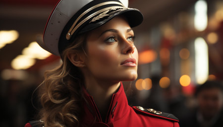 Young woman, confident and elegant, looking away, smiling at camera generated by artificial intelligenceの素材