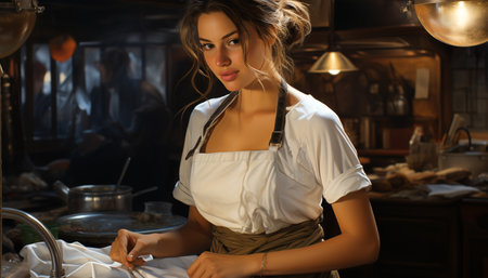 Young woman, brown hair, standing, looking, smiling, confident barista generated by artificial intelligenceの素材