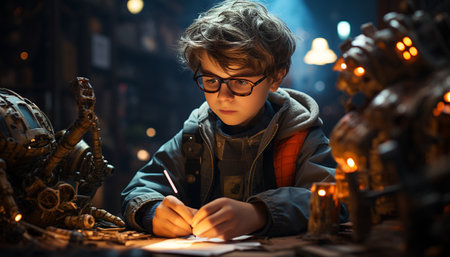 Smiling boys sitting, learning, crafting in illuminated workshop generated by artificial intelligenceの素材