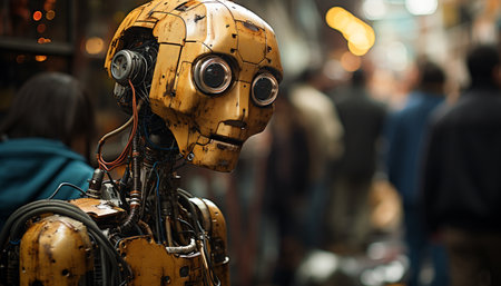 Futuristic robotic men and women cyborgs perform in illuminated city generated by artificial intelligenceの素材