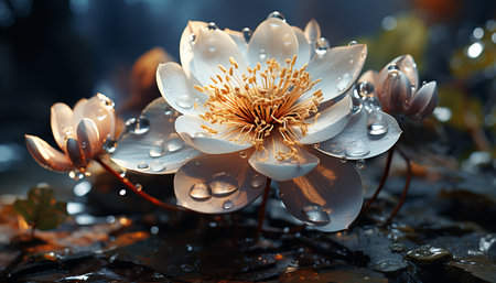 Nature beauty in a single flower, wet with summer freshness generated by artificial intelligenceの素材