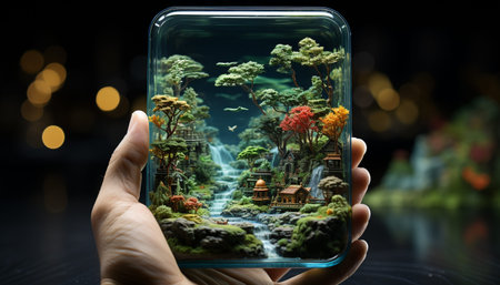 Human hand holding a small fish in a transparent fish tank generated by artificial intelligenceの素材