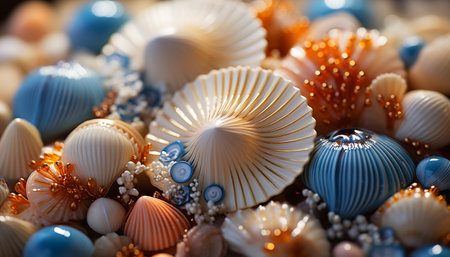 Large group of seashells in a tropical underwater paradise generated by artificial intelligenceの素材
