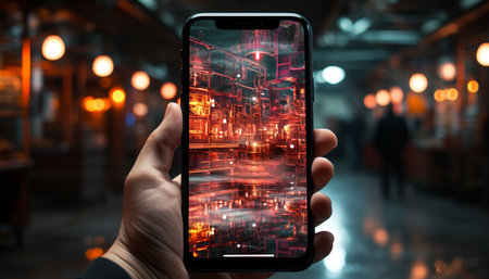 A businessman holding a smart phone, photographing cityscape at night generated by artificial intelligenceの素材