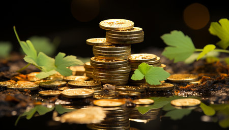 Stacks of gold coins symbolize wealth and financial success generated by artificial intelligenceの素材