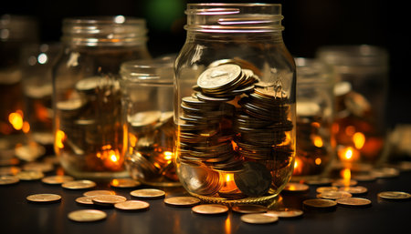 A large group of shiny gold coins on a dark table generated by artificial intelligenceの素材