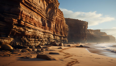 Majestic rock formations, tranquil coastline, nature beauty in sunset generated by artificial intelligenceの素材