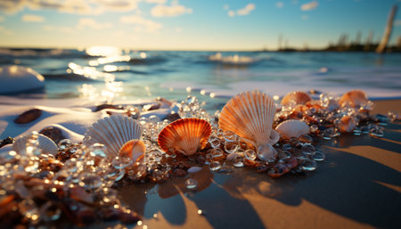 Tranquil seascape, sandy beaches, tropical climate nature beauty reflected generated by artificial intelligenceの素材