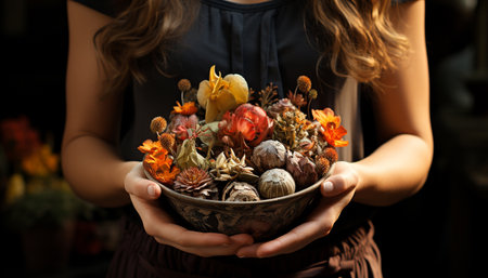 A woman holding a flower pot, smiling, celebrating nature beauty generated by artificial intelligenceの素材