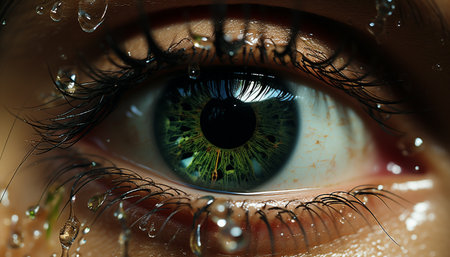 Caucasian woman green eye reflects nature beauty, staring into camera generated by artificial intelligenceの素材