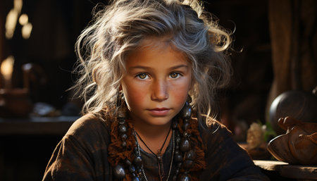 Portrait of a cute girl looking at the camera, smiling happily generated by artificial intelligenceの素材