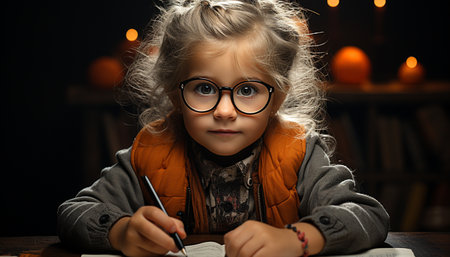 Smiling girl studying, sitting at table, enjoying childhood education generated by artificial intelligenceの素材