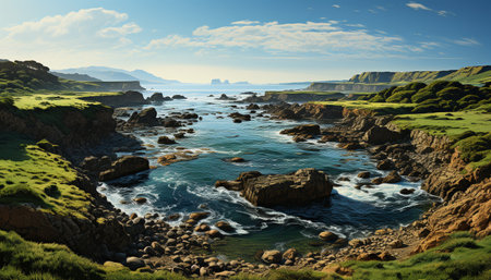 Majestic cliff, panoramic seascape, tranquil sunset, green grass, adventurous travel generated by artificial intelligenceの素材