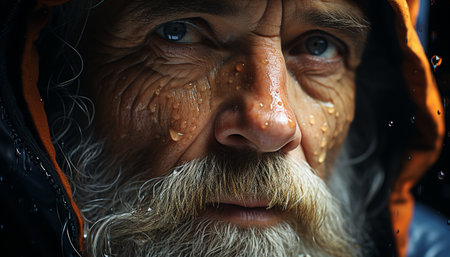 Smiling senior man with gray hair in wet winter rain generated by artificial intelligenceの素材
